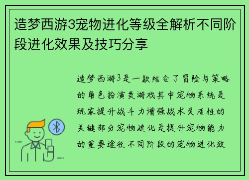 造梦西游3宠物进化等级全解析不同阶段进化效果及技巧分享